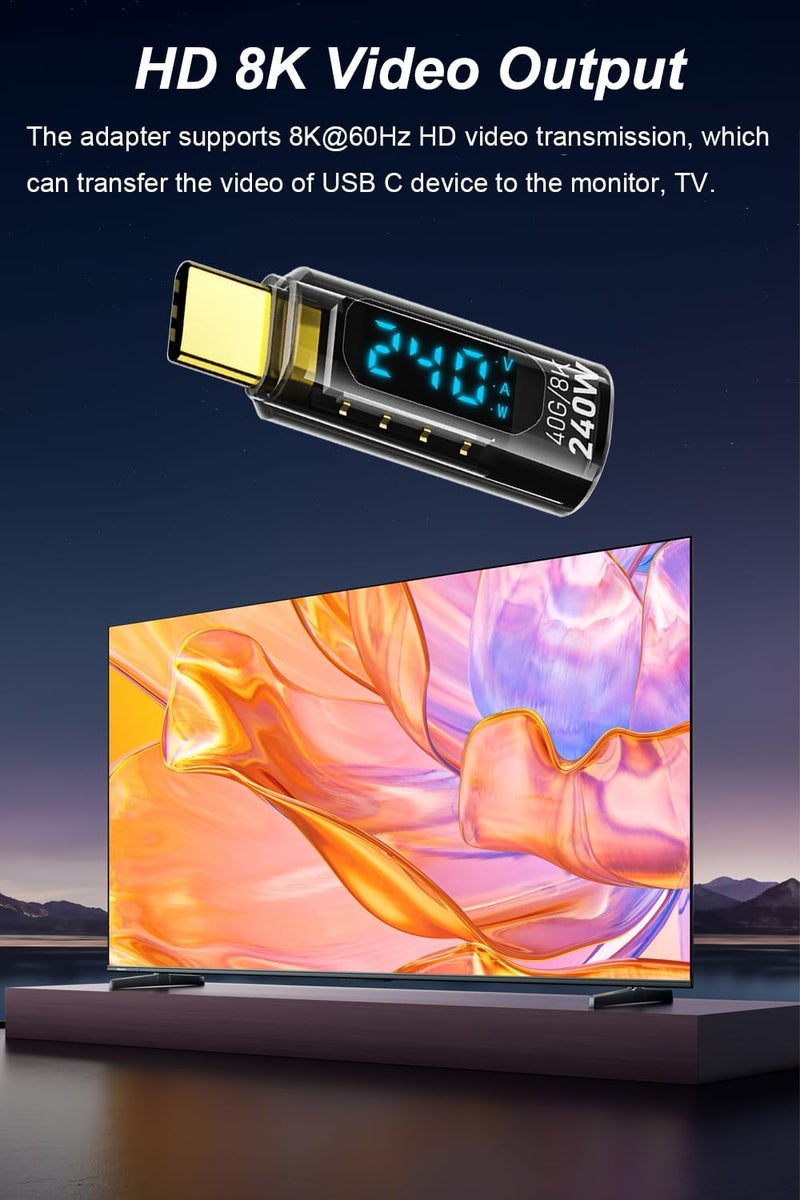 Jadebones 2 Pack USB C Adapter with Digital Display, PD 240W USB-C Male to Female Connector for iPhone 15 Series, iPad, MacBook, Support Voltage, Current and Power Smart LED Display (Transparent) - Image 5